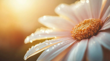 This stunning close-up captures a flower petal decorated with glistening water droplets, emanating beauty and tranquility alongside warm golden light. Perfect for nature themes.の素材