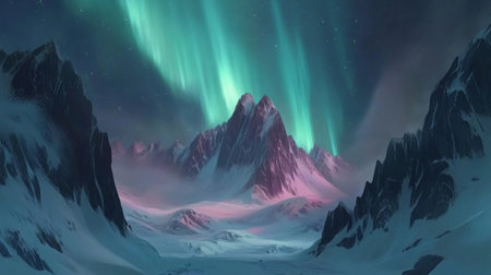 Stunning view of snow-covered mountains showcasing vibrant northern lights dancing in the night sky, creating a mesmerizing winter landscape full of tranquility and beauty.の素材