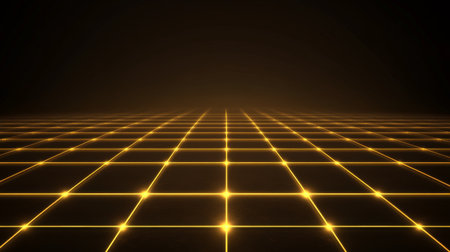 This striking image features a glowing yellow grid extending into a dark space, perfect for representing futuristic concepts, technology, and abstract visual ideas.の素材