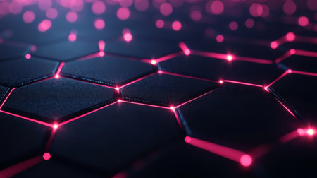A stunning abstract image featuring a hexagonal pattern illuminated by vibrant pink lights on a dark background, perfect for digital art, technology themes, and modern design visuals.の素材