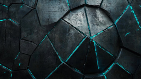 Dark gray cracked surface featuring glowing blue accents, perfect for backgrounds in futuristic or sci-fi themed design projects, emphasizing modern artistic expression.の素材