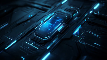 A striking visual of a futuristic technological background with glowing blue lights and intricate patterns, perfect for digital projects and sci-fi aesthetics.の素材