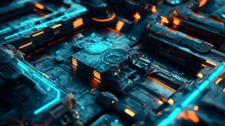 Explore a captivating futuristic scene with intricate textures and glowing elements, perfect for technology-oriented designs and digital artwork showcasing vibrant cyberpunk aesthetics.の素材