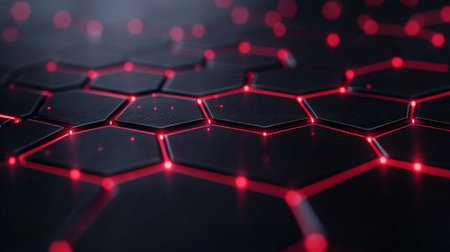 A stunning futuristic hexagonal pattern featuring glowing red lights on a dark surface, ideal for technology, digital design, and creative projects.の素材