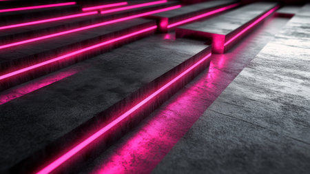 This captivating image features a modern abstract design with striking pink neon lights illuminating textured concrete steps, ideal for creative and dynamic projects.の素材