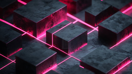 A striking abstract composition featuring illuminated cubes and sleek neon lines, creating a captivating futuristic environment with depth and modern aesthetics.の素材