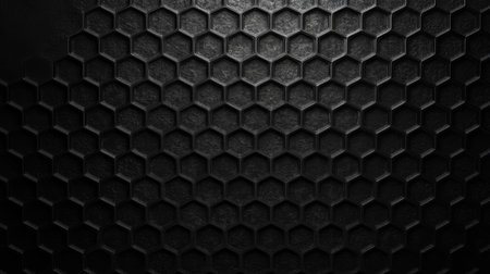 A striking black hexagonal pattern creates a modern industrial atmosphere, perfect for backgrounds or design work needing a sleek, minimalistic look.の素材