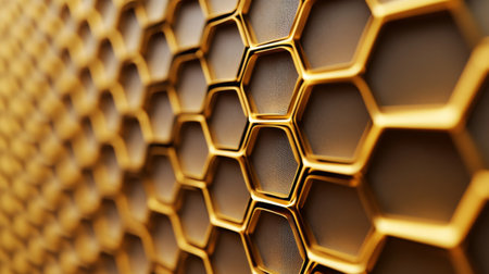 A stunning close-up of a honeycomb pattern in golden tones, reflecting light beautifully and adding depth, perfect for design projects and creative concepts.の素材
