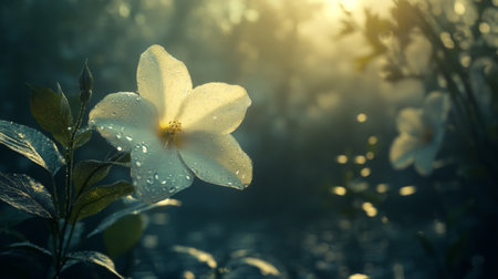 A stunning white flower adorned with dew drops captures the essence of a tranquil morning, surrounded by soft light and natural beauty, perfect for invoking calm and serenity.の素材