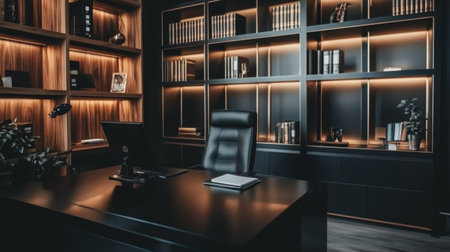 Explore a sophisticated home office featuring dark wood shelves, ambient lighting, and a stylish chair, creating an ideal environment for productivity and focus.の素材