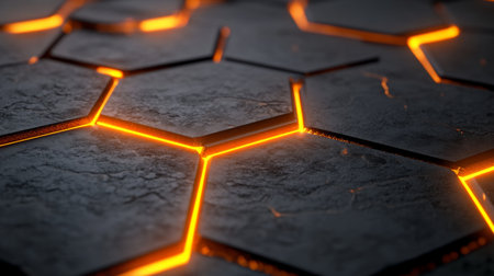 Stunning close-up of hexagonal stone tiles featuring glowing orange lines. This modern texture offers a captivating background for various design and artistic projects.の素材