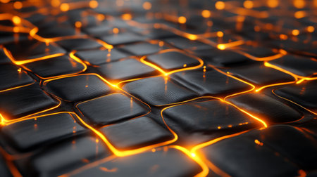 A close-up view of black tiles illuminated by a warm orange glow, crafting an abstract and futuristic texture perfect for any digital or creative project.の素材