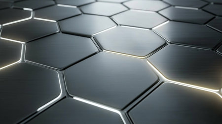 This close-up image showcases a metallic hexagonal pattern with a shiny surface, enhanced by subtle lighting effects, making it ideal for modern design and technology applications.の素材