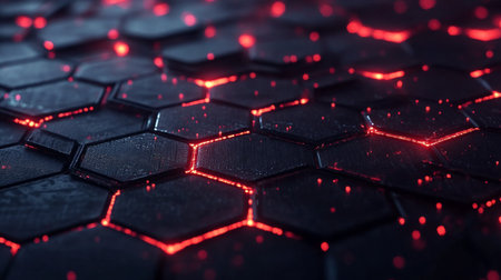 A vivid and abstract close-up of a dark hexagonal surface illuminated by glowing red lights, evoking a sense of energy and innovation, ideal for digital design or tech-related themes.の素材