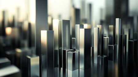 A captivating abstract representation of a city skyline, featuring sleek metallic structures and reflective surfaces that suggest a dynamic, futuristic urban environment.の素材