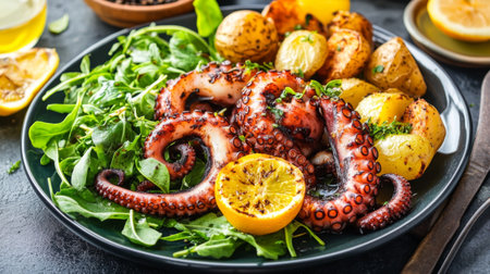 An exquisite serving of grilled octopus with roasted potatoes and fresh greens, garnished with lemon slices, offering a vibrant and flavorful dining experience.の素材