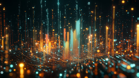 Vibrant abstract digital landscape showcasing glowing lines and floating particles, illustrating data flow and technological themes for creative design projects.の素材