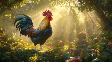 A striking rooster stands amidst a glowing forest, illuminated by soft sunlight filtering through lush foliage, creating a serene and vibrant natural setting.の素材