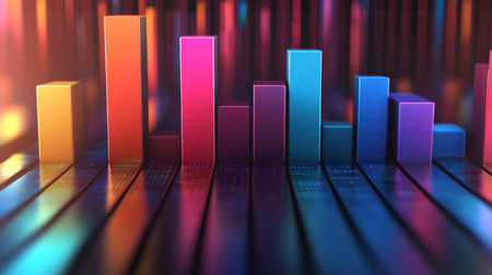 This vibrant image features colorful bar graphs illuminated by dynamic light effects, symbolizing data analysis and financial growth in a modern digital environment.の素材