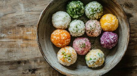 A beautiful display of colorful rice balls in a rustic bowl showcases the diversity of Asian cuisine, perfect for culinary inspiration and food photography.の素材