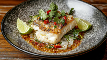 A beautifully presented fish fillet, grilled to perfection, served with fresh lime, vibrant cilantro, and spicy red chili, ideal for a gourmet dining experience.の素材