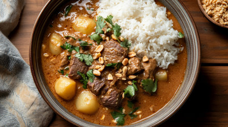 A rich bowl of beef stew featuring tender meat, fluffy white rice, and garnished with fresh herbs and crunchy peanuts, perfect for a comforting meal.の素材