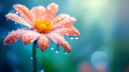 A stunning close-up image of a vibrant orange flower adorned with sparkling dew drops, captured in the soft morning light, highlighting its natural elegance and serene beauty.の素材