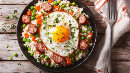 This vibrant rice bowl features sausages, carrots, and peas topped with a sunny-side-up egg, perfect for any meal. Delightful colors and textures inspire culinary creativity.の素材