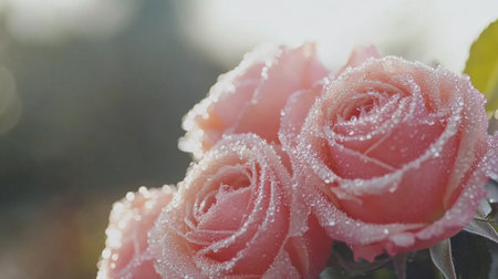 Captivating close-up of pink roses adorned with shimmering dew droplets, radiating freshness in the gentle morning light of a tranquil garden, perfect for nature lovers.の素材