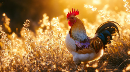 A proud rooster walks through a sunlit meadow, showcasing stunning feathers against a backdrop of golden grass, capturing the essence of rural beauty and tranquility.の素材