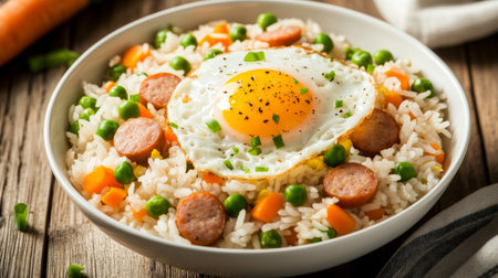A vibrant rice bowl featuring fluffy white rice topped with a perfectly fried egg, savory sausages, fresh peas, and colorful carrots, ideal for satisfying cravings.の素材