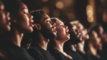 A diverse group of choir members passionately sings together under warm stage lights, capturing the essence of unity and emotion in a vibrant musical performance.の素材