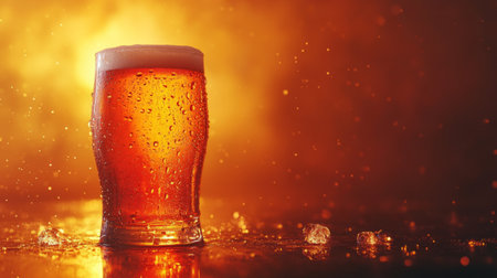 A beautiful amber beer in a frosted glass offers a refreshing look with bubbles and droplets, creating a warm and inviting atmosphere perfect for celebrations and moments of relaxation.の素材