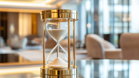 An elegant hourglass in a luxurious interior setting, embodying the passage of time with a modern aesthetic and reflective surfaces, perfect for decor inspiration.の素材