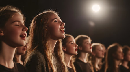 A captivating image of a young choir group performing passionately under a spotlight. The emotive expressions create a beautiful atmosphere of music and togetherness.の素材
