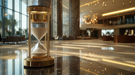 A stunning hourglass sits elegantly on a marble table, presenting a perfect blend of luxury and modern design in a beautifully lit lobby setting.の素材