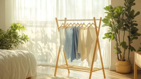 Bright and airy bedroom featuring a wooden drying rack with freshly washed clothes, surrounded by lush green plants, creating a serene and inviting atmosphere.の素材
