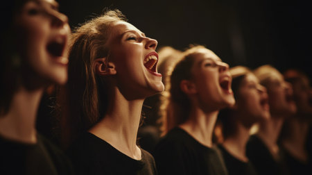 A dynamic scene showcasing a group of young women passionately singing in a choir, highlighting their emotions and expressions during a captivating musical performance.の素材