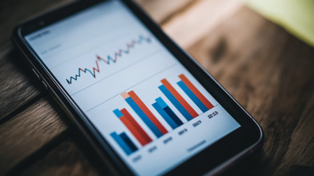 A smartphone lying on a wooden surface displays colorful bar graphs and line charts, illustrating financial data and business performance for effective analysis.の素材