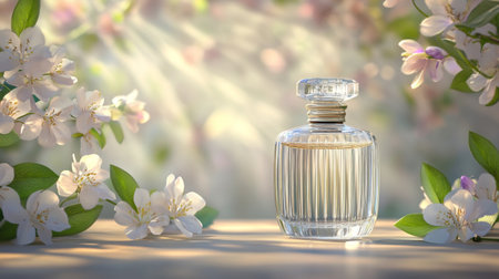 Captivating perfume bottle amidst delicate flowers, illuminated by soft sunlight, embodying luxury and natural beauty for an elegant decor. Perfect for refreshing aesthetics.の素材
