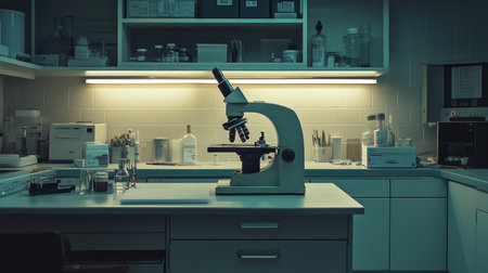 A well-equipped laboratory showcasing a microscope under warm ambient lighting, emphasizing the focus on scientific research and exploration in a modern setting.の素材