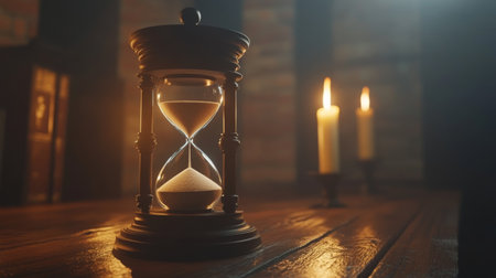 A beautifully crafted hourglass sits on a wooden table, illuminated by soft candlelight, evoking a sense of calm and timeless elegance perfect for vintage aesthetics.の素材