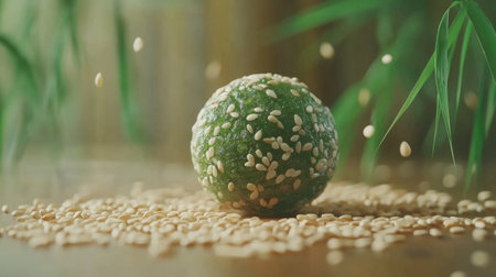 A beautifully crafted round green pastry covered in sesame seeds, set on a wooden surface, showcasing a blend of colors and textures ideal for food photography.の素材