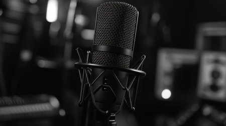 This image showcases a high-quality microphone in a professional studio setting, highlighting its sleek design and importance in audio recording and music production.の素材