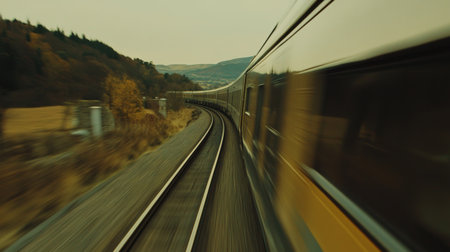 Dynamic view of a train navigating a curved railway track, set against a backdrop of rolling hills and colorful autumn foliage, evoking a sense of adventure and tranquility.の素材