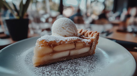 This image showcases a delectable slice of apple pie served with creamy vanilla ice cream, dusted with powdered sugar, ideal for food lovers and dessert enthusiasts alike.の素材