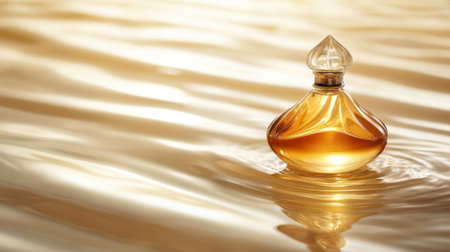 The image showcases an elegant glass perfume bottle filled with golden liquid, floating serenely in gentle water ripples, exuding a luxurious and calming ambiance perfect for fragrance lovers.の素材