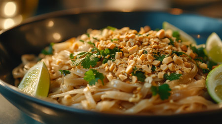 Indulge in this vibrant Thai noodle dish, featuring fresh cilantro, crunchy peanuts, and zesty lime, served elegantly in a black bowl to enhance its appetizing presentation.の素材
