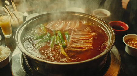 Indulge in the warmth of a traditional hot pot meal, filled with vibrant vegetables, savory broth, and tender meat slices, perfect for social dining and culinary exploration.の素材
