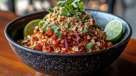 This vibrant salad bowl features a blend of fresh vegetables and crunchy peanuts, garnished with herbs and lime, perfect for any health-conscious foodie.の素材